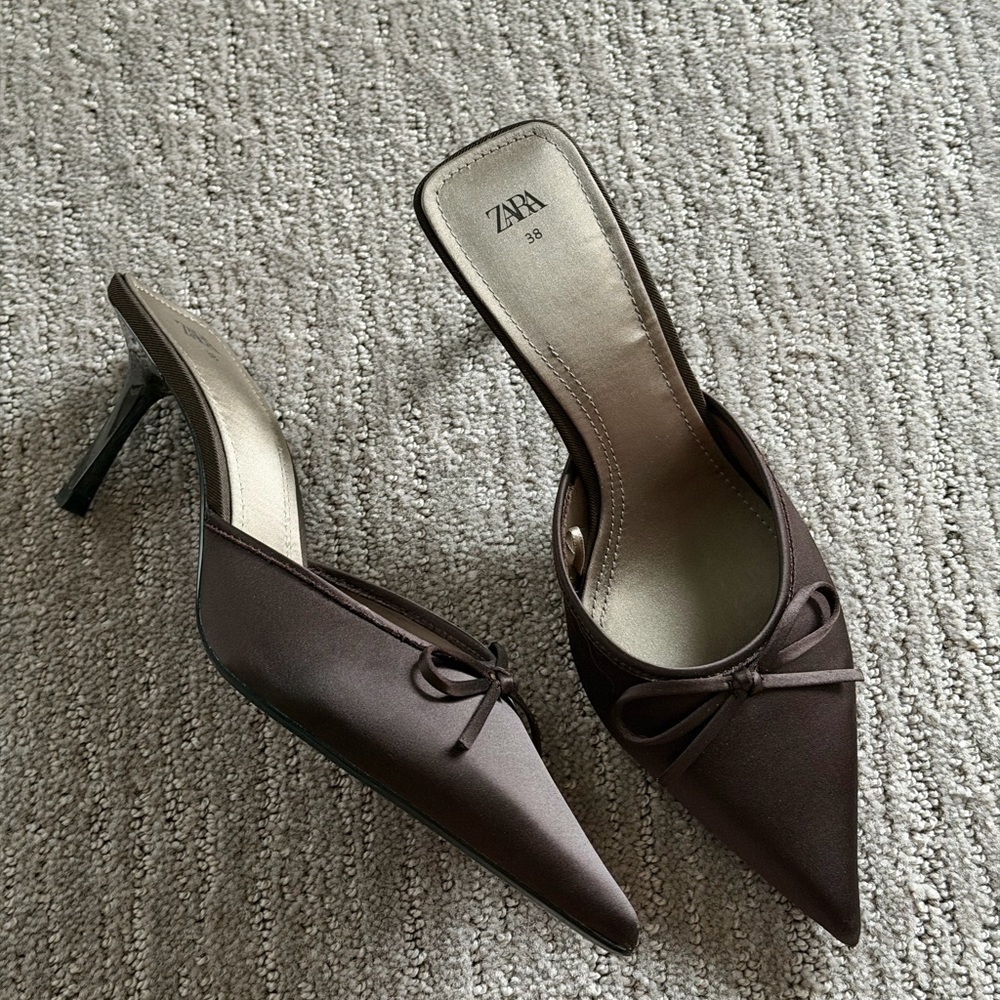 Zara Brown Satin Heels with Bow